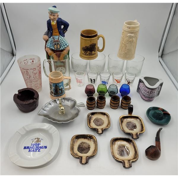 Vintage Barware: Shot Glasses, Steins, Ashtrays, Pipe, & More