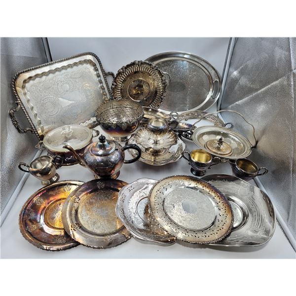Collection Of Vintage Plated Ware: Servers, Plates, Teapot, Creamer, Sugar, & More