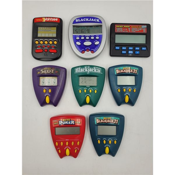 8 Vintage Electronic Pocket Games: Blackjack, Poker, Slots, & Yahtzee