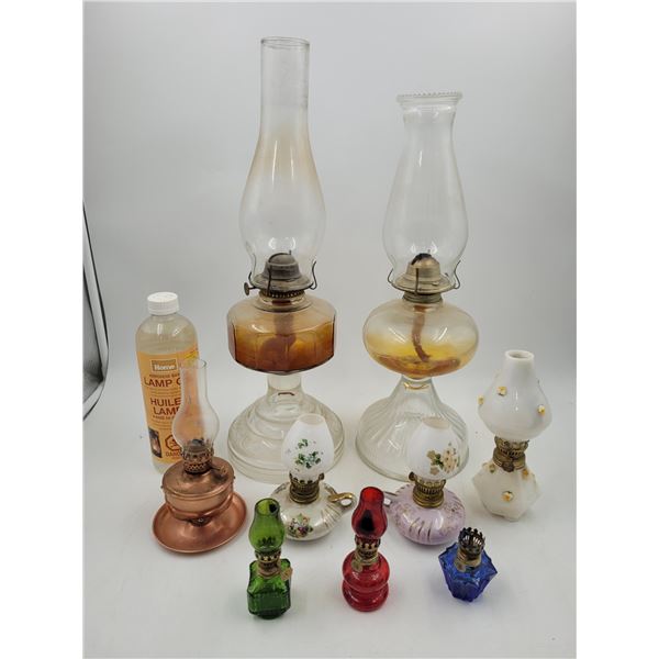 9 Vintage Oil Lamps & Bottle Of Fluid
