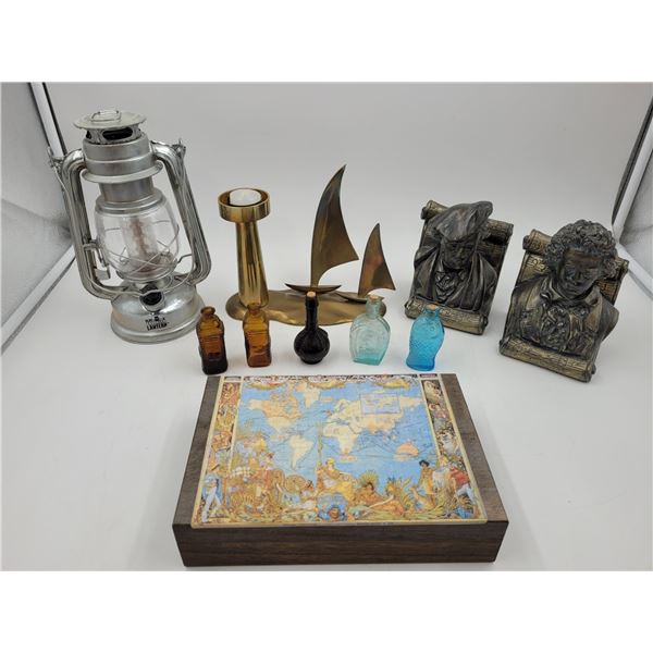 Variety Lot (Mostly Vintage): Glass Bottles, Lantern, Nautical Candlestick Holder, & More