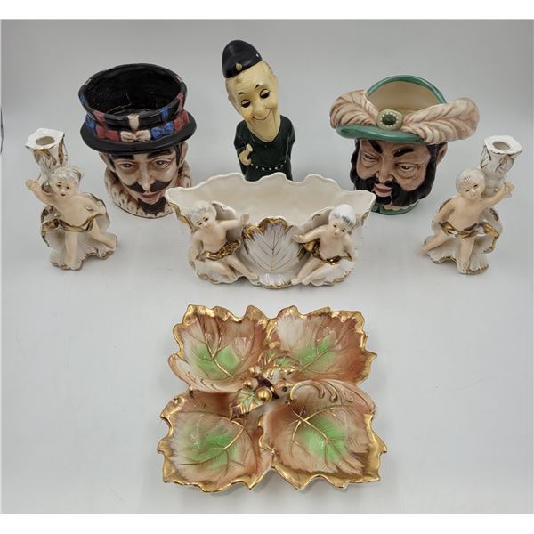 Vintage Porcelain Ware : Cherub Candle Sticks/Vase, Catch-All Dish, Head Planters, & More