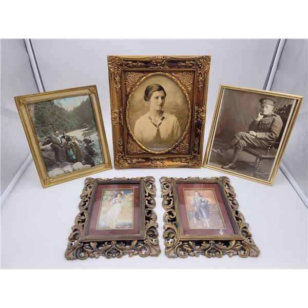 5 Vintage Picture Frames With Prints & Photographs