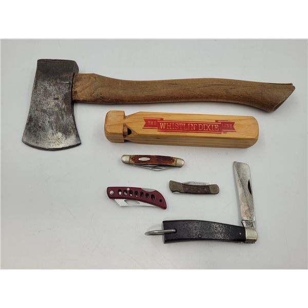 Variety Lot: Ax, Pocket Knives, & Train Whistle