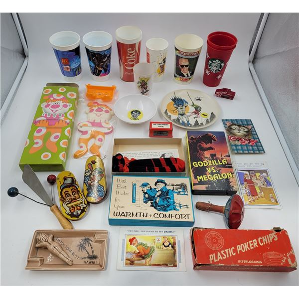 Vintage Variety: Godzilla VHS, Tin Toys, Cups, Batman Dishware, & More