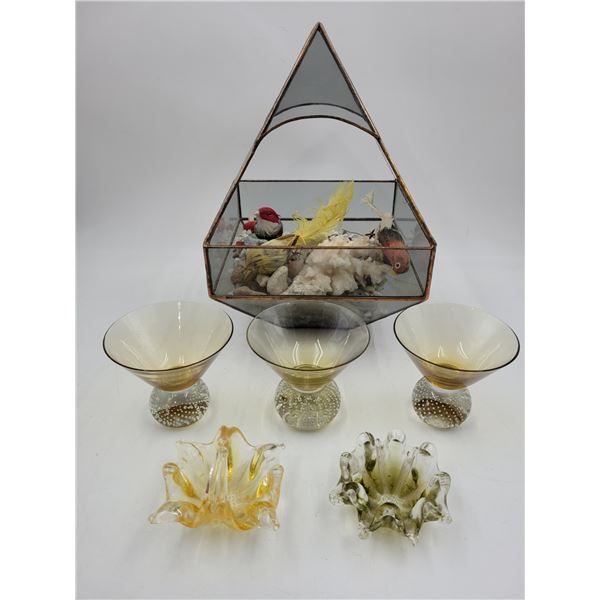 Vintage Art Glass, 3 Art Glass Cups, & Leaded Glass Planter
