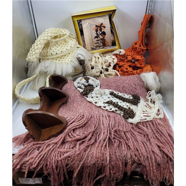 Vintage Variety: Corner Shelf, Blanket, Crochet Hanging Basket, & More