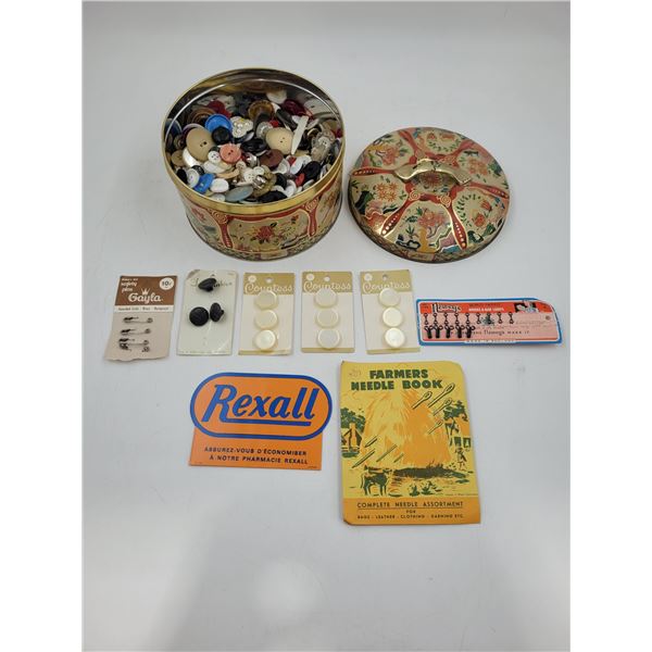 Vintage Buttons, Needle Book, & Rexall Advertising