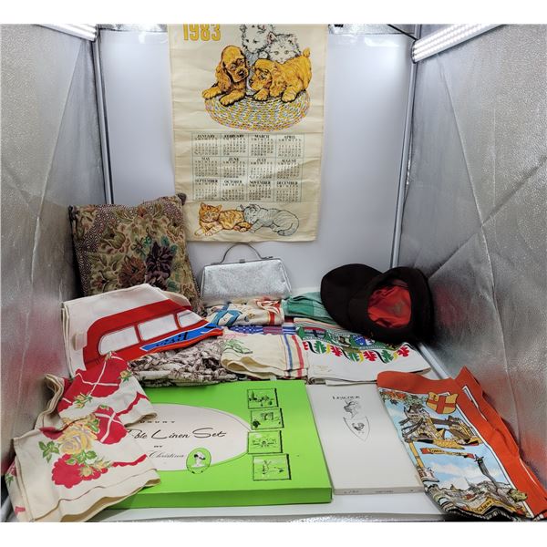 Vintage Linens, Purse, Hats, & Pillow