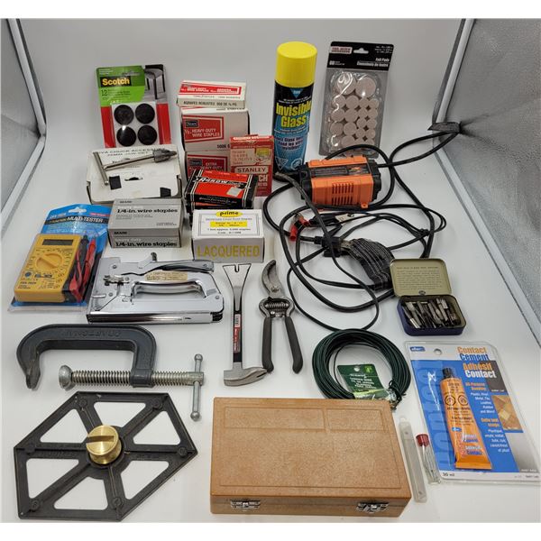 Assorted Tools: Snips, Stapler, Clamp, Multi-Tester, & More