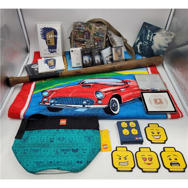 Variety Lot: Lego Items, Car Towel, 1920's Baseball Bat, & More