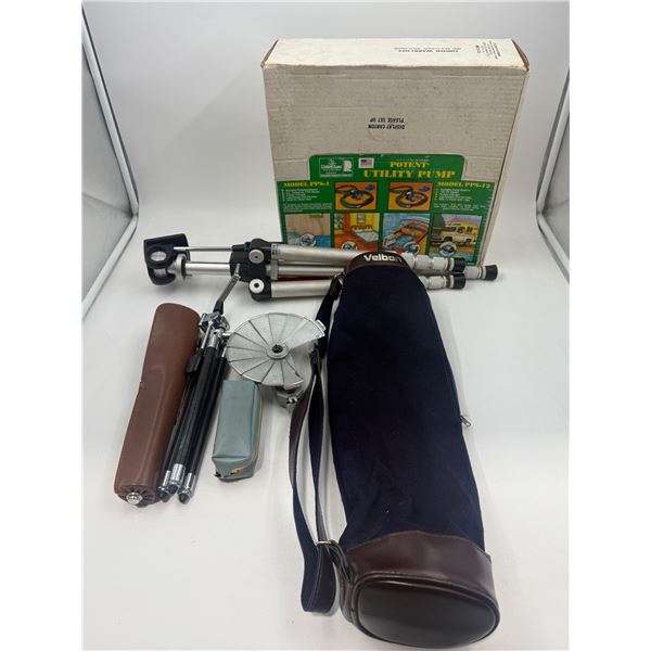 Utility Pump,. 2 Tripods, & Vintage Flash