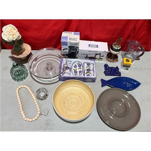 Assorted Home Goods: Platters, Apple Peeler, Decor, & More