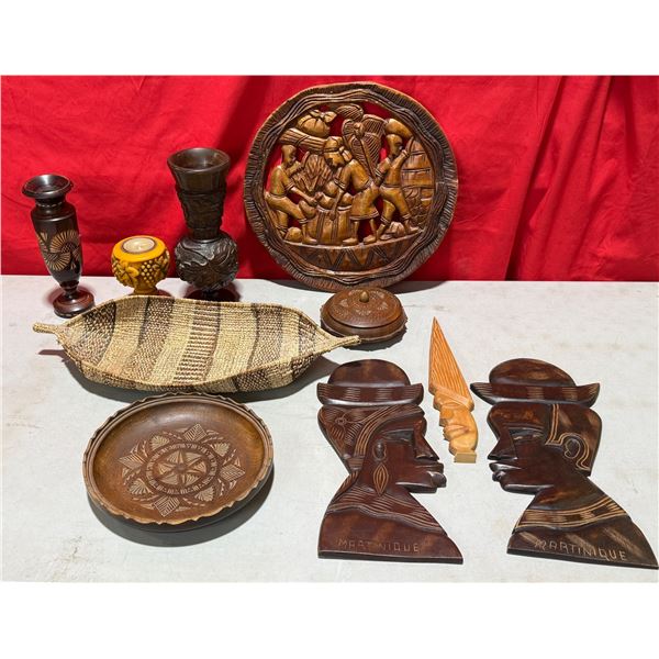 Assorted Carved Wooden Art Works, Hand Woven Basket, Wooden Vases, & More