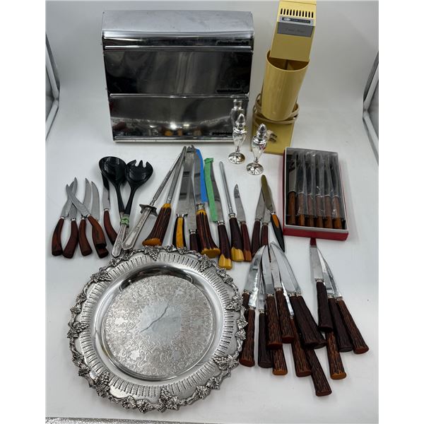 Vintage Kitchenware & Cutlery: Steak Knives, Carving Knives, Blender, Dispensing Canister