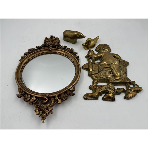 Brass Animals, Brass Plaque, & Mirror