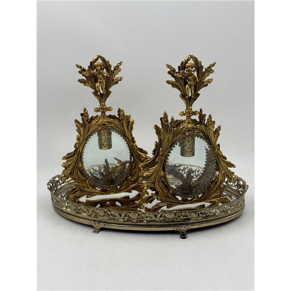 2 Vintage Bevel Glass Perfume Bottles & Mirrored Tray