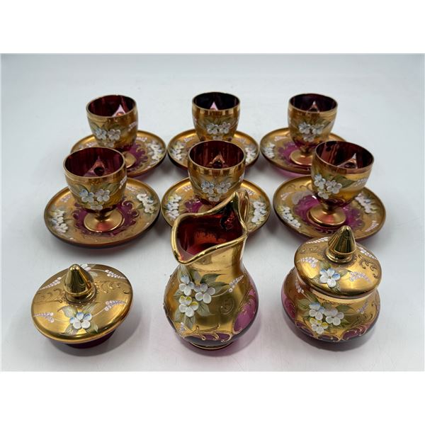 Vintage Hand Painted Cranberry Glass Chinaware: Creamer, Sugar, Cups, Saucers
