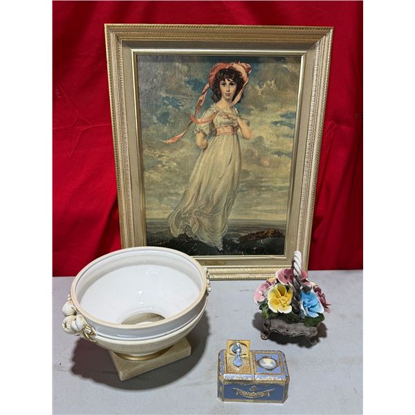 Vintage Variety: Framed Print "Pinkie", Capodimonte Floral Basket, Center Bowl, & Jewelry Box