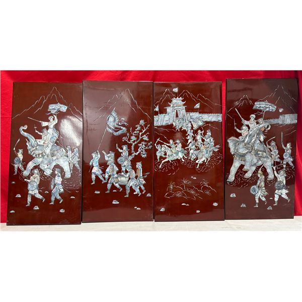 Vintage 4 Panel Abalone Inlay Asian Wall Art