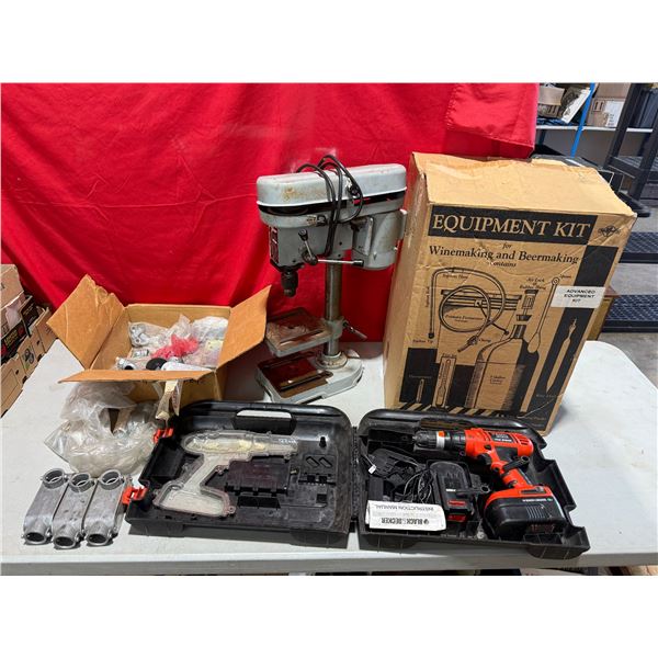Assorted Tools: Drill Press, Drill, Wine Making Carboy, & Hardware
