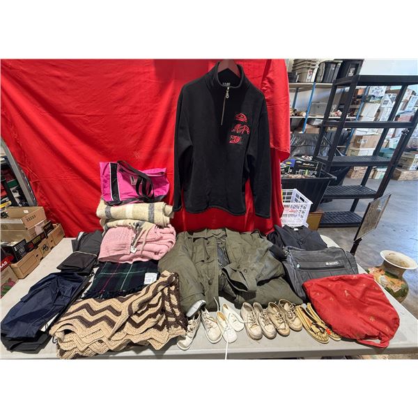 Assorted Clothing & Blankets: First Nations, Trench Jacket, Baby Shoes, & More