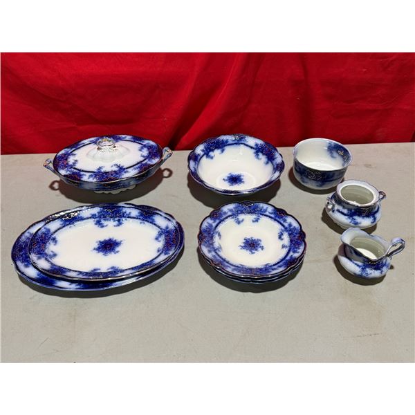 Antique Flow Blue Dishware: Tureen, Plates, Creamer, Sugar