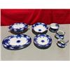 Image 1 : Antique Flow Blue Dishware: Tureen, Plates, Creamer, Sugar