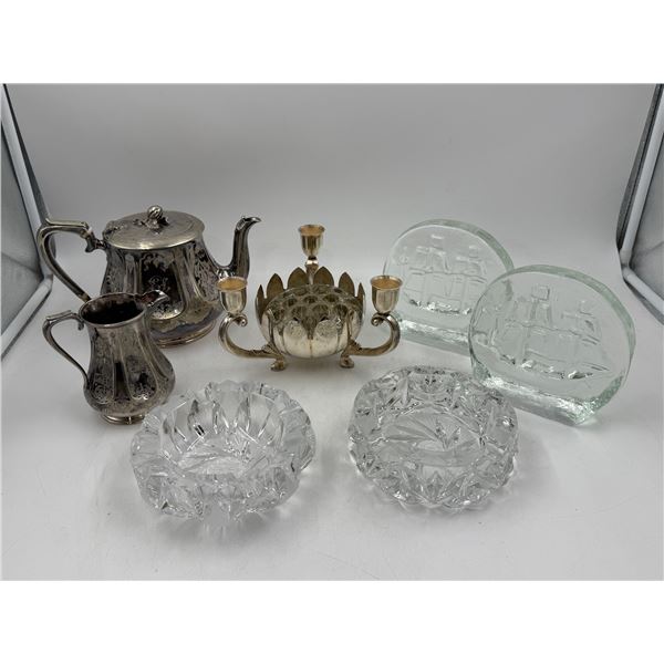 Plated Items (Teapot, Creamer, & Flower Frog) & Glassware