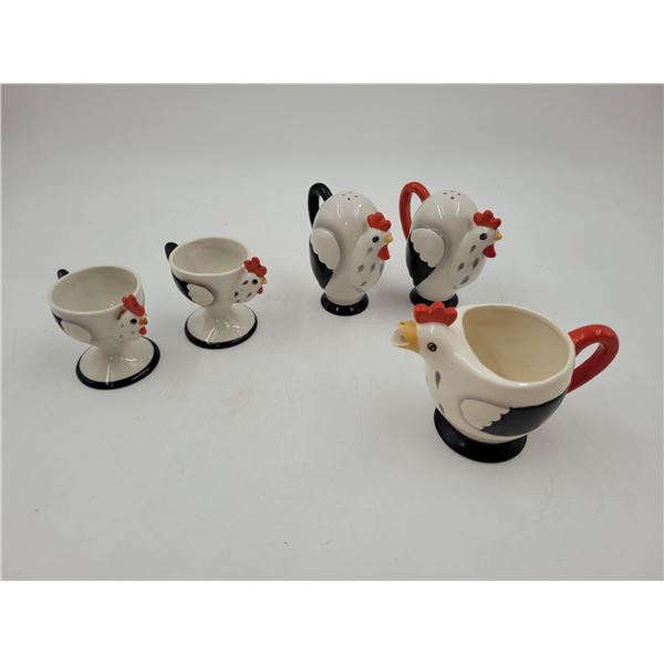 Vintage Coq Rouge Chicken Ware: Egg Cups, Salt/Pepper, & Creamer