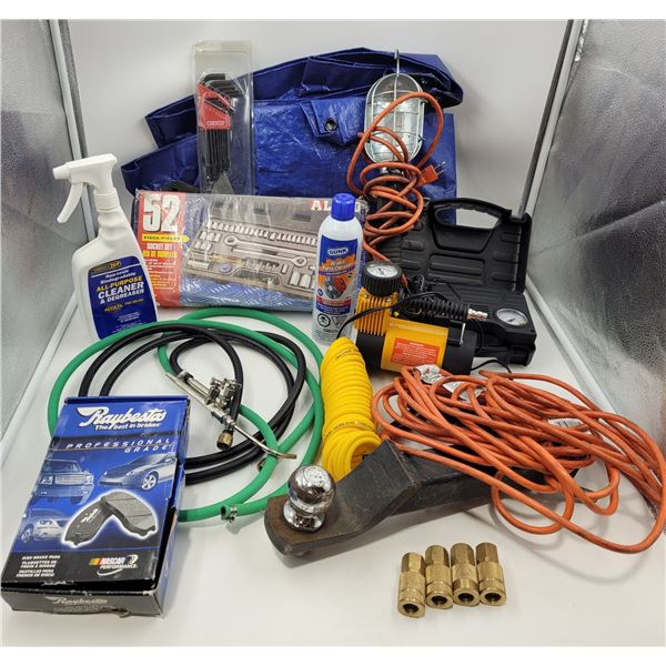 Extension Cord, Shop Light, Brake Pads, Tarp, Tow Ball Hitch, Cleaner, & More
