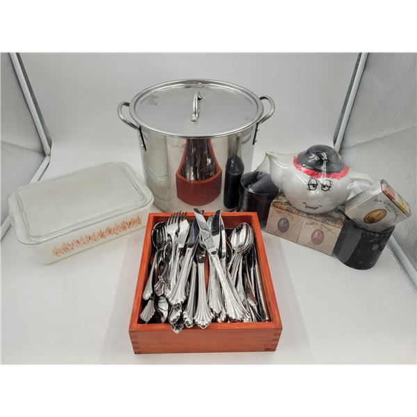 Assorted Cutlery, Cooking Pot, Teapot, Wheat Themed Casserole Dish