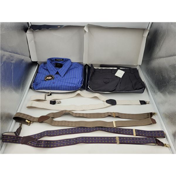 Business Attire: Collared Shirt, Pants, & Suspenders