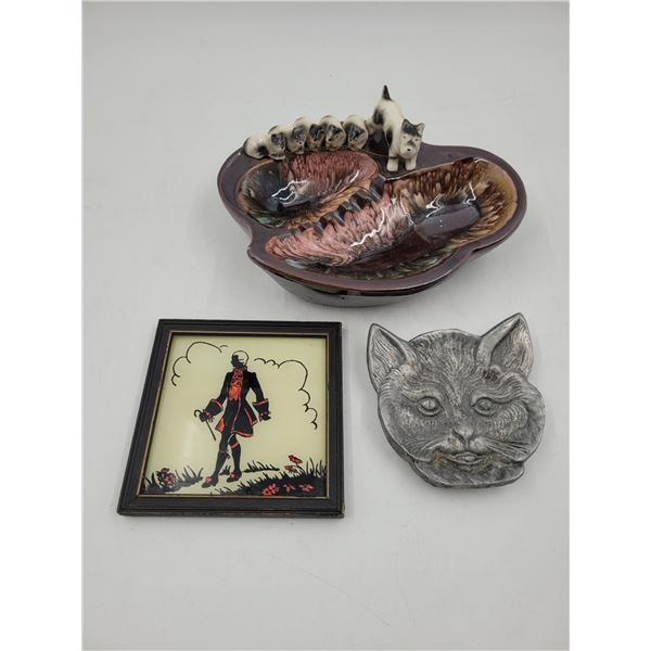 Dog & Puppies Ashtray, Cat Dish, & Reverse Silhouette Foil Art