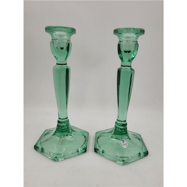 Pair of Fenton Sea Mist Green Candleholders