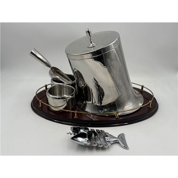 Ice Bucket, Serving Set, Bottle Opener, & Lacquered Wood Tray