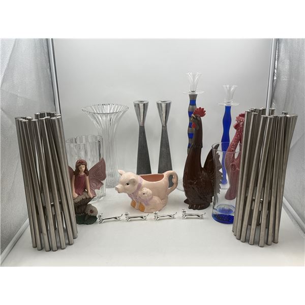 Home Decor Lot w/ Candleholders, Vases, Pig Planter, & More