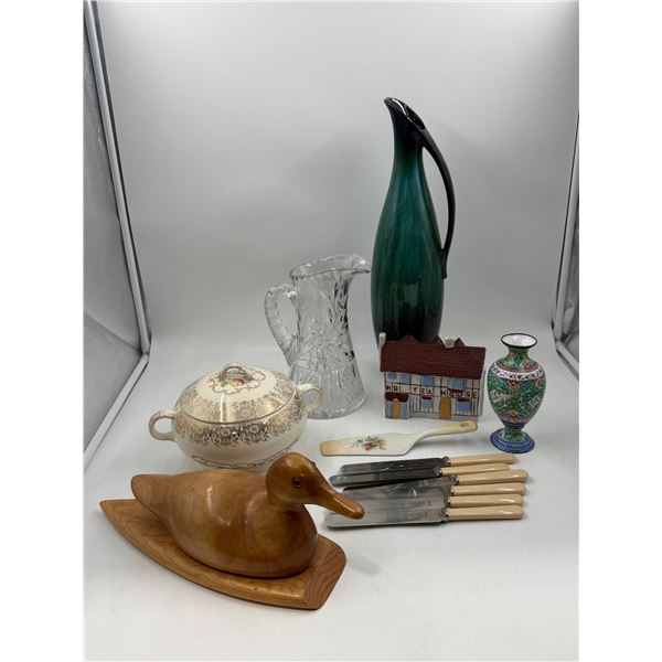 Home & Kitchen Lot w/ Wooden Duck, Blue Moutain Pottery Pitcher, & More