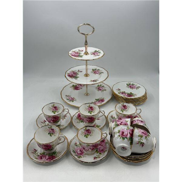 Royal Albert "American Beauty" Bone China Made in England w/ 3-Tier Cake Stand