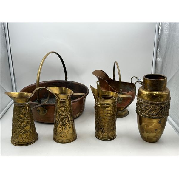 Brass & Copper Lot w/ Antique Copper Cauldron