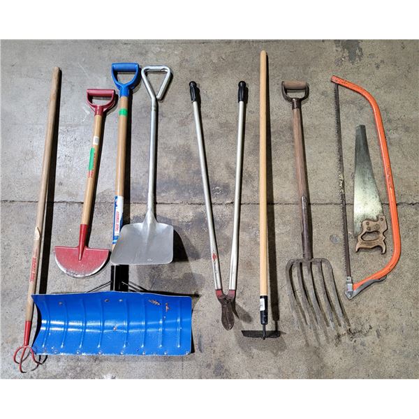 Lot of Outdoor Tools w/ Snow Shovel, Garden Hoe, & More