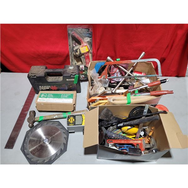 Lot of Assorted Tools w/ Saw Blade, Tire Chains, Ball Peen Hammer, & More