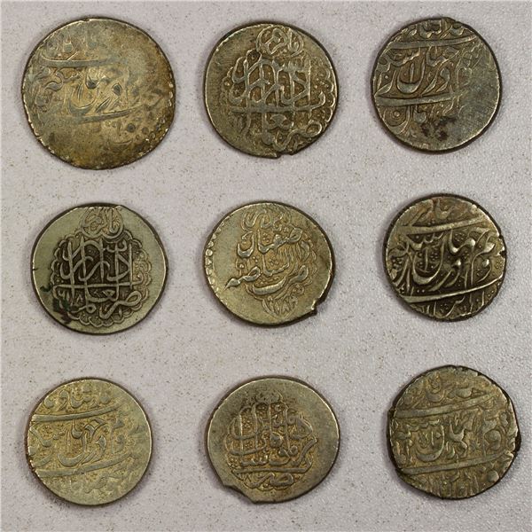IRAN: ZAND: Karim Khan, 1753-1779, LOT of 9 silver double abbasi coins