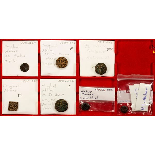 MUGHAL: Akbar I, 1556-1605, LOT of 7 copper, various denominations