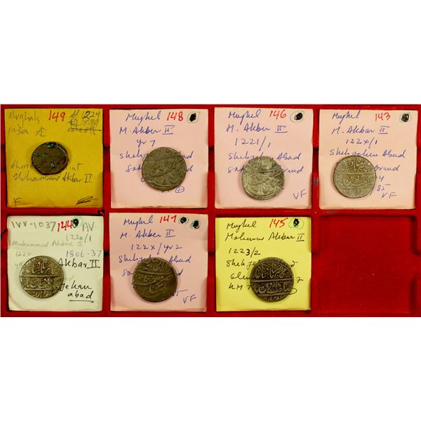 MUGHAL: Muhammad Akbar II, 1806-1837, LOT of 6 silver rupees & 1 copper paisa