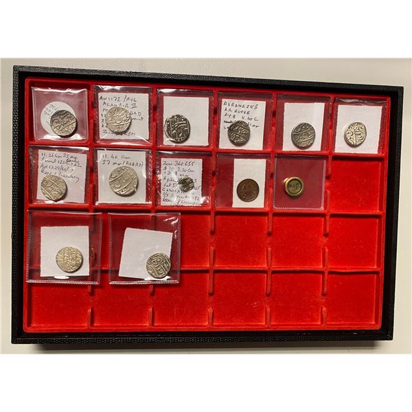 MUGHAL: LOT of 11 silver, 1 copper coin, and one brass weight