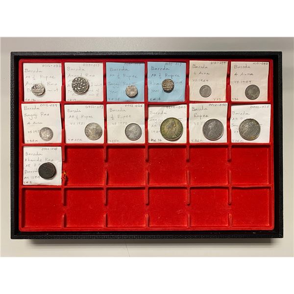 BARODA: LOT of 12 silver rupees and 1 copper paisa