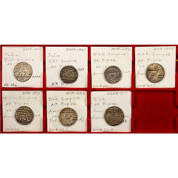 SIKH EMPIRE: LOT of 7 silver rupees