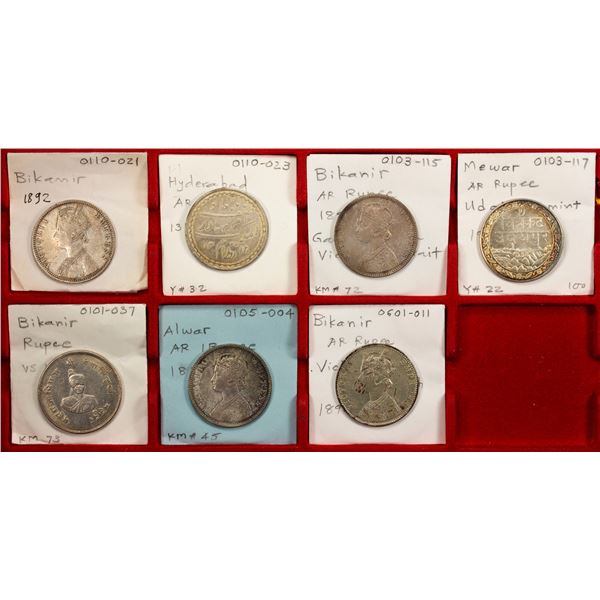 INDIAN STATES: LOT of 7 machine-struck silver rupees