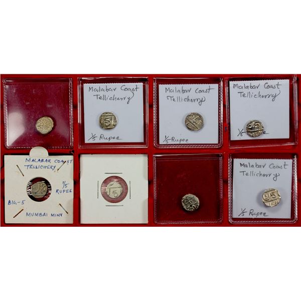 BRITISH INDIA: BOMBAY PRESIDENCY: Malabar Coast, LOT of 8 silver 1/5 rupees, [Tellicherry]